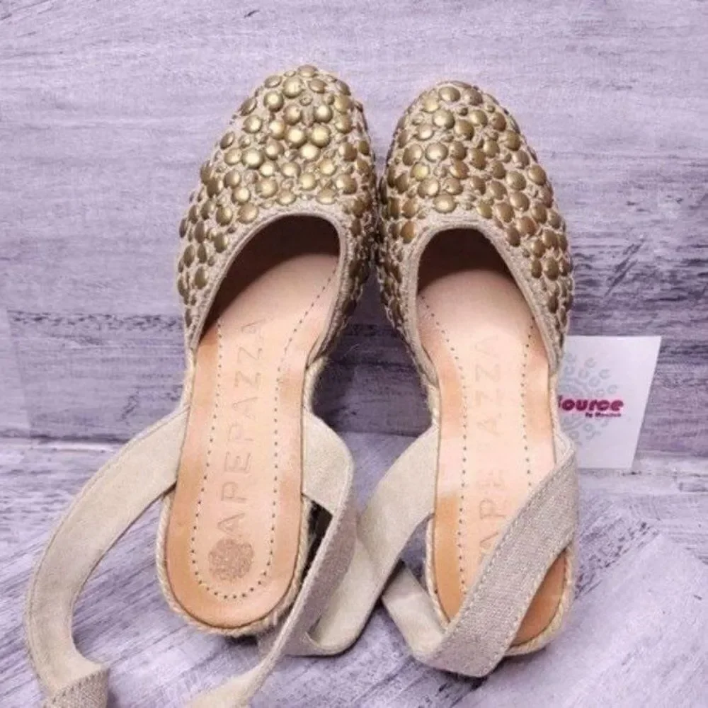 Apepazza Studded Ankle Wrap Espadrille Wedge Sandal Tan sz 38 Women's sz 8 - Picture 7 of 10